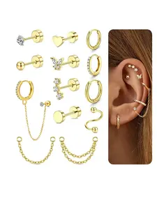 Women's Zirconia Earrings, High Quality Earrings, Fashionable Earrings, Stainless Steel Flat-Back Spiral Conch Tragus Piercing Jewelry, Heart CZ Rhinestone Dangle DIY Chain Design Piercing Earrings, Women's Birthday Gift Ear Studs
