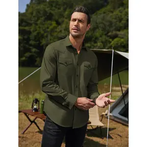 Men'S Long Sleeve Cotton Casual Button Work Shirt Western Cowboy Shirts with Pockets  Tops Green long sleeve solid button front wood muscle dress shirt offstage whitefox hoodie  Collar Menswear Fabric Tights Collared