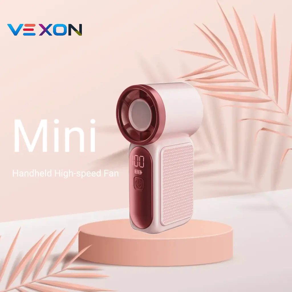 Mini handheld  high-speed fan featuring a portable, bladeless turbine design, 6 adjustable speed settings, an LED display, and USB charging; suitable for travel, outdoor use, and students (women, girls, and children).