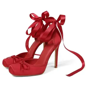 Women's Satin Stiletto Heels - Elegant Ballet Slingback Pumps with Bow Accents, Square Toe & Lace-Up Closure for Wedding, Party, Special Occasions