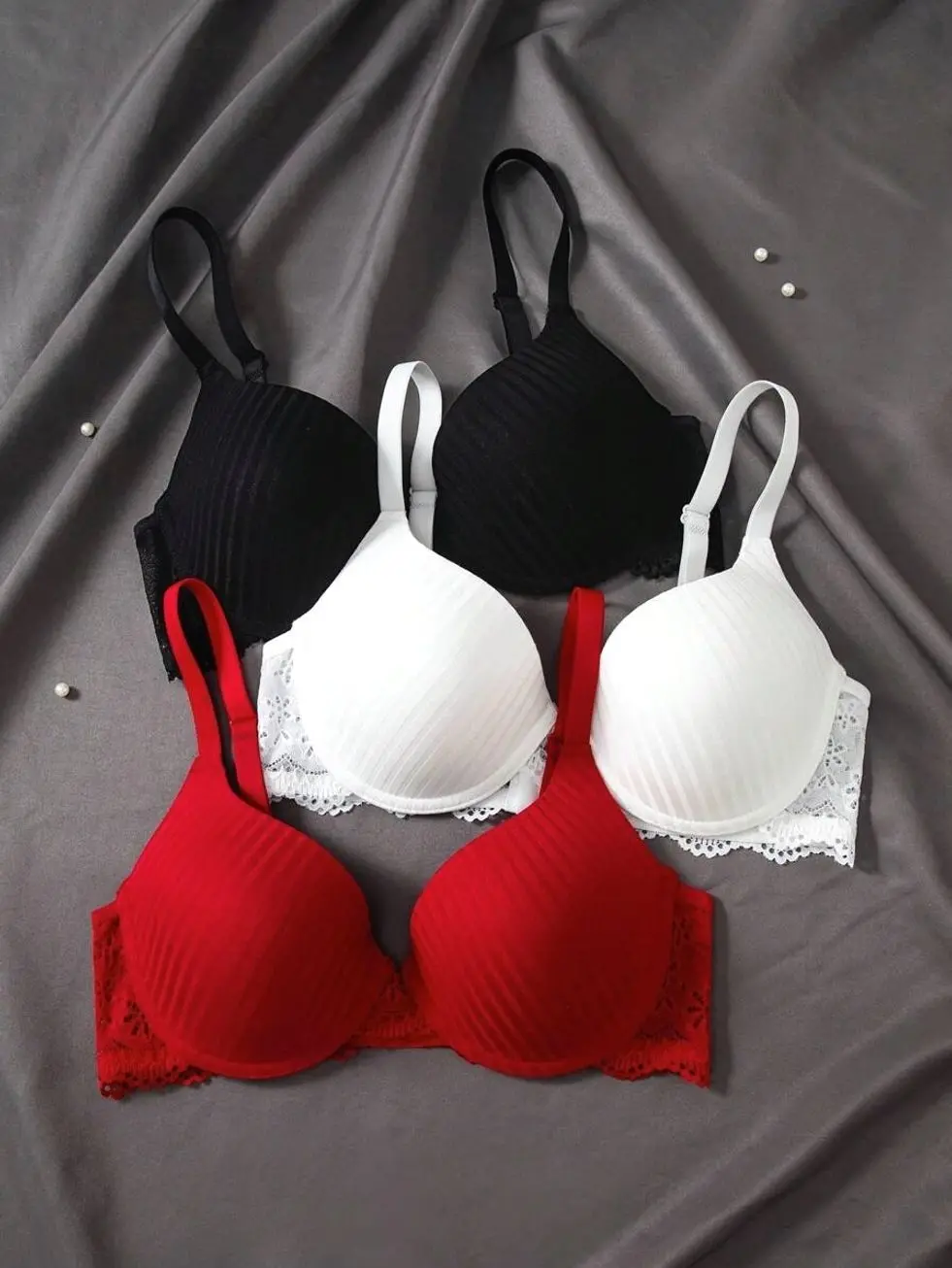 EmpressEnvy 3Pcs Women's Padded Underwire Bra Set | Solid Ribbed Full Coverage Bras with Lace Trim & Adjustable Straps