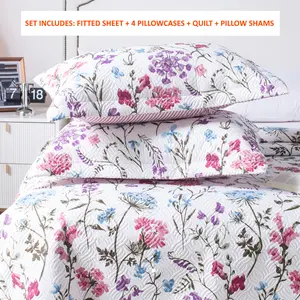 Kasentex 8-Piece Floral Pattern Bedding Sheet Set - Queen/King Sizes, Includes Deep Pocket Fitted Sheet, Quilt, Pillowcases & Pillowshams, Machine Washable, Bedroom Bedspread Coverlet Gift