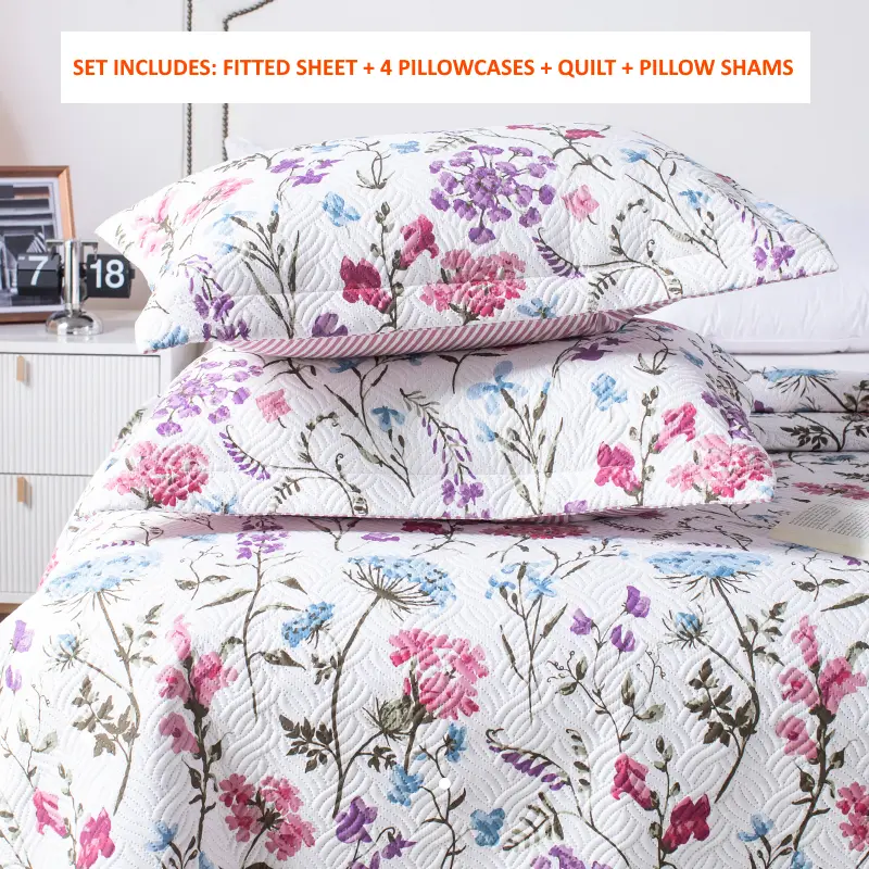Kasentex 8-Piece Soft Floral Decorative Bedding Set - Queen/King Sizes, Complete Sheet & Quilt Set with Deep Pocket Fitted Sheet, Pillowcases, Pillow Shams, All-Season Machine-Washable Hotel Suite Bedroom Gift
