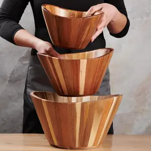 Wavy Wooden Salad Bowl Set (3 pc) 12″-10″-8″ | Hand-Carved Acacia Serving & Mixing Bowls for Salad, Fruit and More | Woodenhouse
