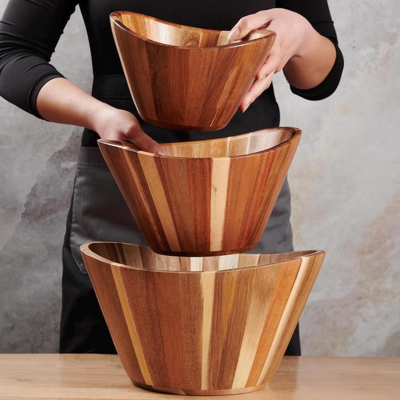 Wavy Wooden Salad Bowl Set (3 pc) 12″-10″-8″ | Hand-Carved Acacia Serving & Mixing Bowls for Salad, Fruit and More | Woodenhouse
