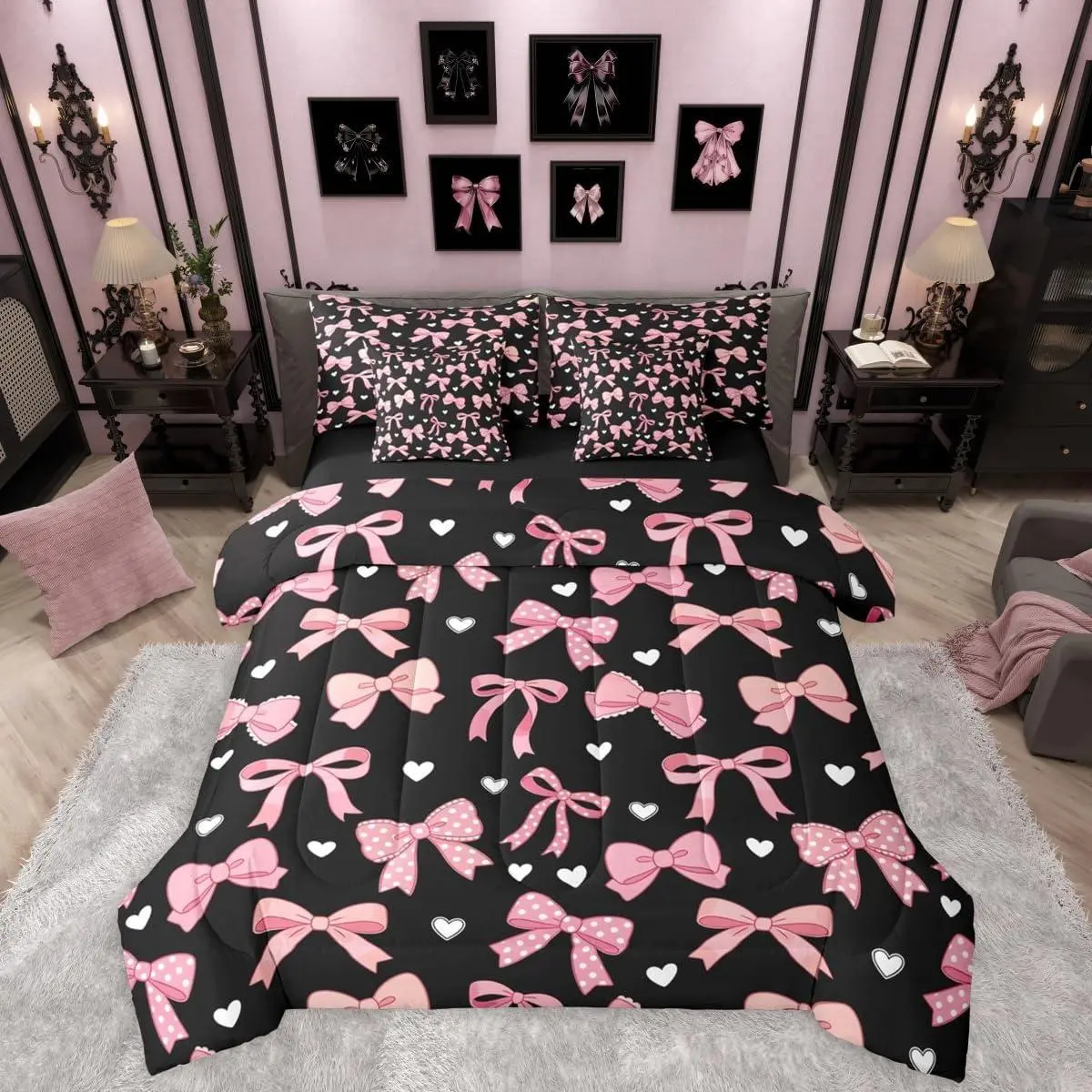 Cartoon Pink Bow 7 Pieces Bedding Set,Dreamy Princess Style Bed in a Bag,Love Hearts Bow Bed Set Includes Comforter,Sheet Set,Pillowcases & Pillow Covers,Cute Aesthetic Bedroom Decor