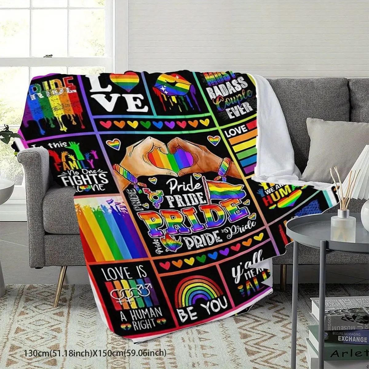 Rainbow Pride Flannel Blanket, Comfortable Soft Warm Throw for Couch Bed, LGBT Adult Gift