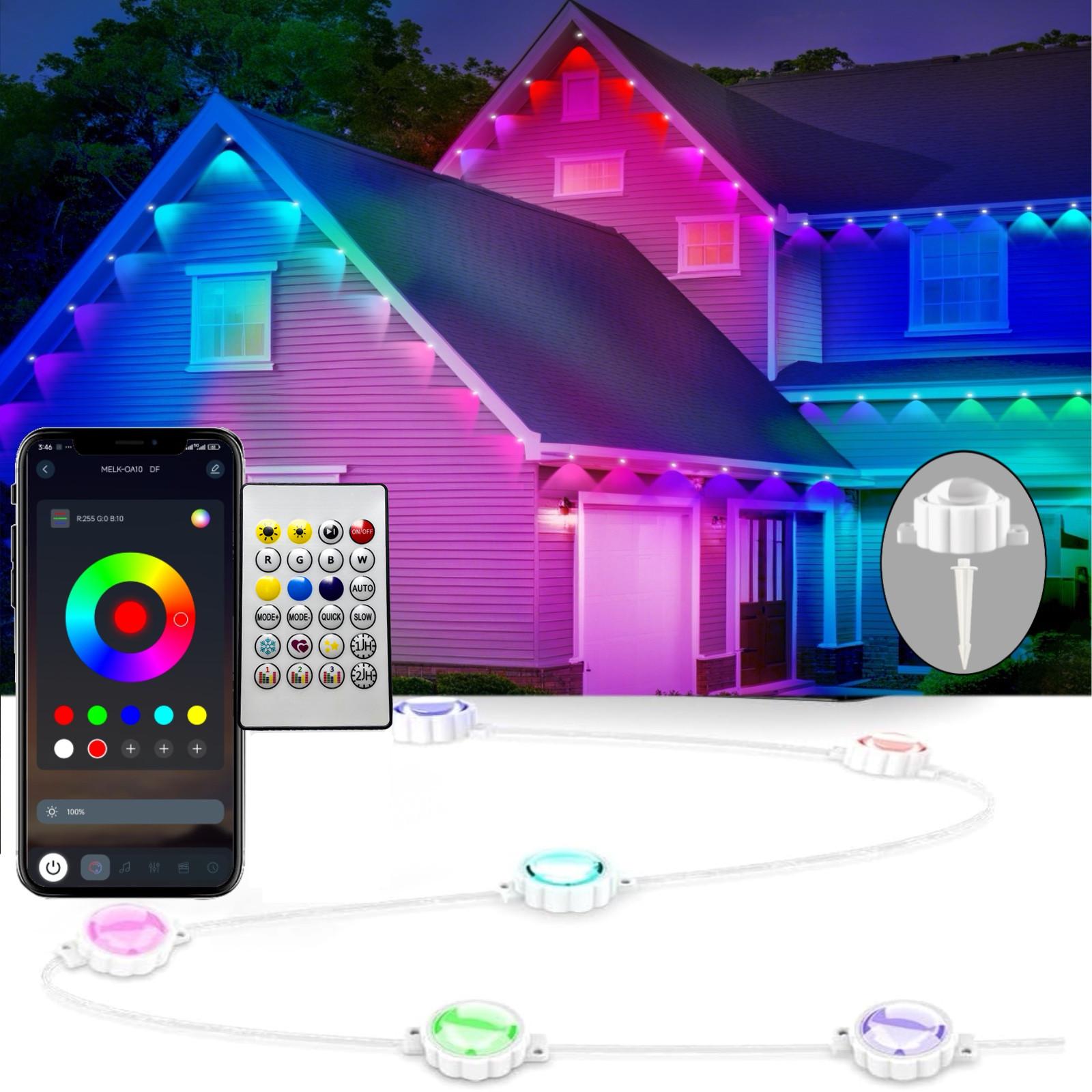 33ft/54ft Permanent Outdoor RGB LED Lights - IP67 Waterproof Exterior Lighting Fixtures with Smart App Control, Remote, DIY Scene Modes, Music Sync, USB Cable, Cells for Garden, Christmas Decor