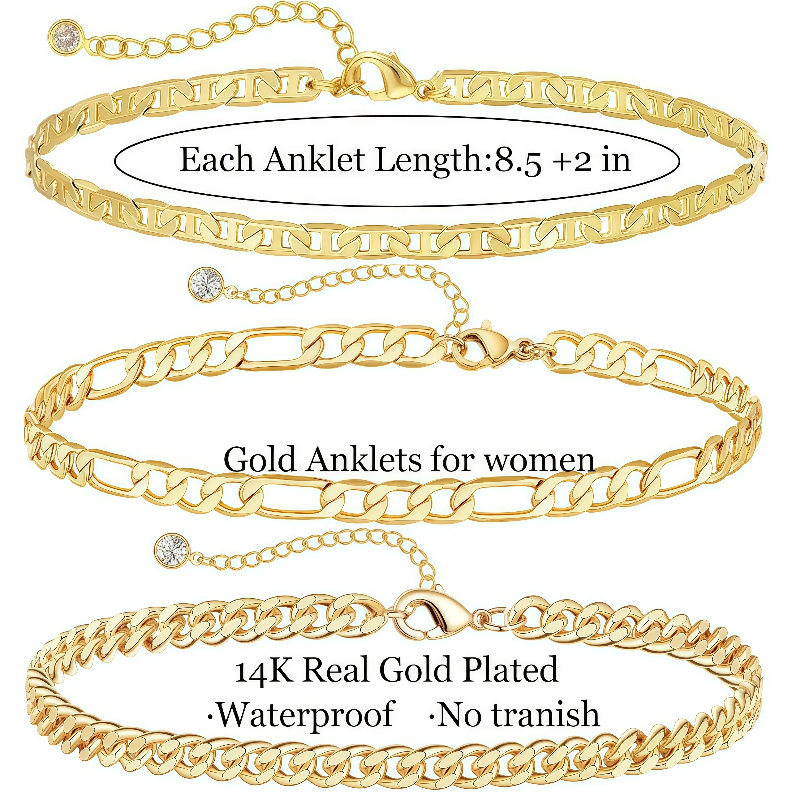 Women's 14K Gold-Plated Dainty Waterproof Anklets Set, Layered Cuban Chain & Herringbone Blocks & Beaded Stackable Bracelets, Summer Beach Fashion Accessories for Black Friday & Christmas, Stackable Bracelet
