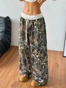 Spring Camo Pants Wide Leg Baggy Sweatpants Elastic Waist Drawstring Loose Pants Trendy Y2K Drawstring Trousers