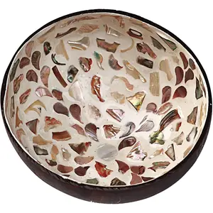 Coconut Bowl With Mother of  Inlaid Shell - Key Container for Entryway Table, Candy, Nuts, Fruits & Dry Snacks - Round Handcrafted Decoration (White)