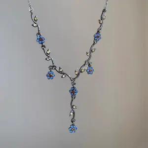 Vintage blue vine flower fringed necklace medieval old design clavicle chain