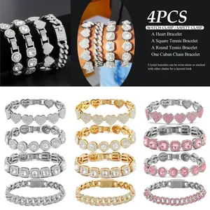 Complete Jewelry Wardrobe: 4PCS Gold & Silver Tone Bracelet Set for Women, Includes Tennis, Heart, Cuban & Layered Link Styles