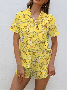 Cute Duck Print Women's Pajama Set, Short Sleeve Shirt Collar Button Soft Top & Elastic Shorts, Casual Home Wear