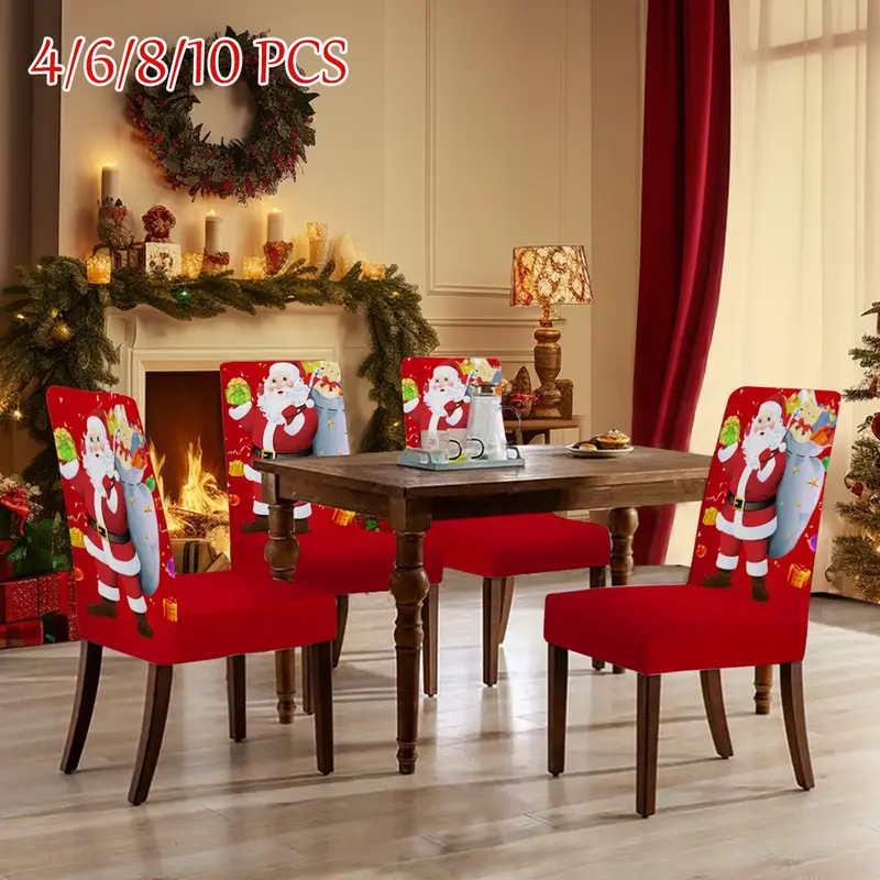 Christmas Santa Bear Print Chair Covers, Dining Chair Slipcover, Dining Chair Protectors, Set of 4-10 Pieces, Holiday Decorations for Home Dining Room, Party & Daily Use