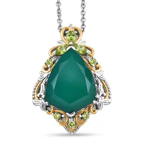 Verde Onyx and  Peridot 12.00 ctw Leaf & Vine Pendant in 18K Yellow Gold Plated and Platinum Plated with Stainless Steel Necklace 20 Inches