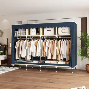 Portable wardrobe with dust cover, sturdy steel frame with 4 hanging rods and storage cabinets, metal storage wardrobe hangers, and plenty of cabinet space for bedroom, home, dorm, perfect for rental house and basic bedroom furniture