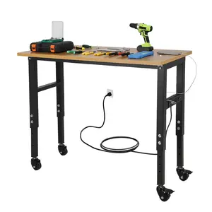 【GARVEE】48" Adjustable Height Workbench with Wheels, 48" x 24" Work Bench with Power Outlet, 2000LBS Load Capacity Workbench, Heavy Duty Workbenches for Garage