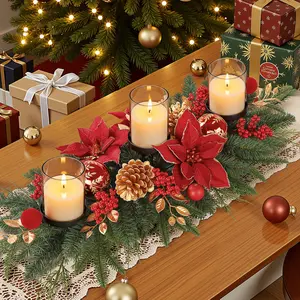 36 Inch Christmas Table Centerpiece with 3 Candle Holders, Baubles, Pine Cones, Red Berries & Spruce Branches – Indoor Holiday Decor