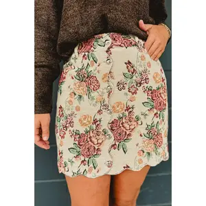 Apricot Buttoned Front Scalloped Trim Mini Jacquard Floral Skirt