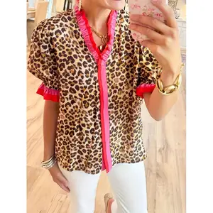 Women's Leopard Print V Neck Blouse Retro Puff Sleeve Top with Color Block Ruffle Trim Casual Slim Fit Shirt Trendy Office Workwear Summer Vacation Party Outfit Fashion Forward Womenswear Chic Essential Feminine Breathable