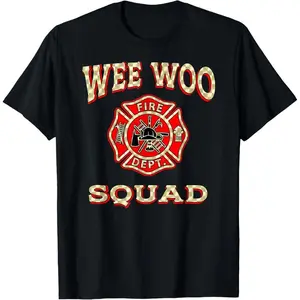 WEE WOO SQUAD Funny Firefighter Badge Marshal Fire Truck T-Shirt Summer Outfits,Short Sleeve Crew Neck T-Shirt for Summer, Graphic Tees, Fashion Men's Top Vintage Graphic Tees,90s Clothes Made in USA