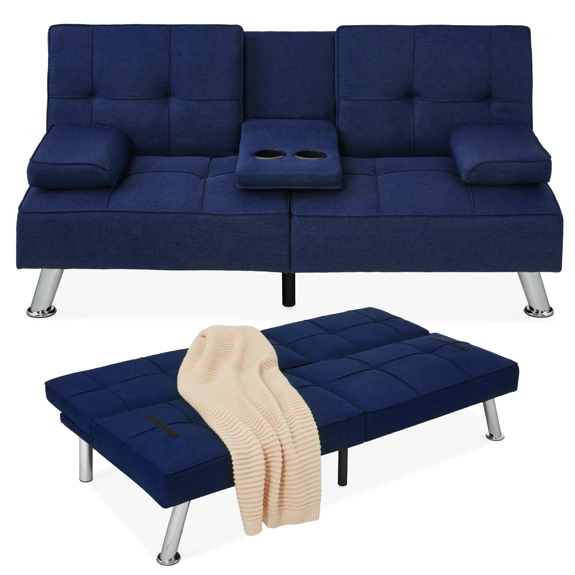 Best Choice Products Modern Linen Convertible Futon Sofa Bed w/ Removable Armrests, Metal Legs, Cupholders Best Choice Products Modern Linen Convertible Futon Sofa Bed w/ Removable Armrests, Metal Legs, Cupholders