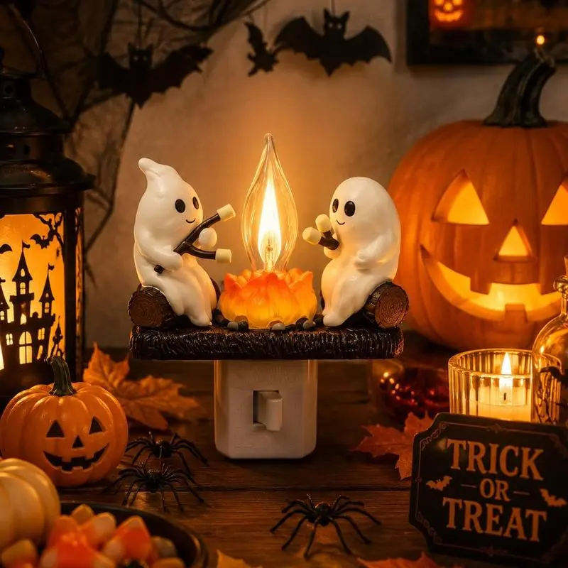 2026 Halloween 3D Spooky Ghost Marshmallow Ornament - Flicker Light Campfire Decor, Cute Indoor Party Holiday Decor, Spooky Theme Gift for Family