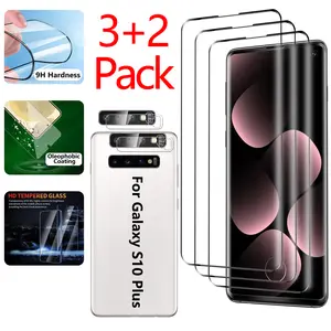 【 3+2PCS 】 High definition tempered glass film suitable for Samsung Galaxy S10 Plus 3-piece screen protector with 2-piece lens film supporting fingerprint unlocking 9H hardness, wear-resistant and easy to install screen protector