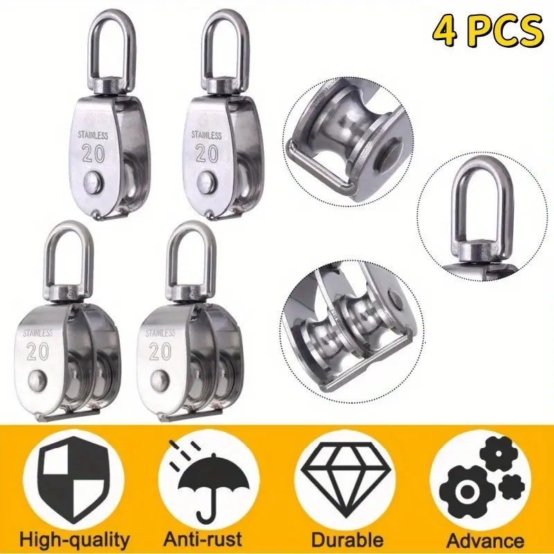 4 M20 pulley sets, 2 single pulley and 2 double pulley 304 stainless steel wire rope lifting rotating hook tent poles, kayak multifunctional accessories
