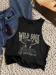 Women's Wild Soul Print Tank Top, Casual Tank Tops, Casual Sleeveless Top for Summer, Ladies Clothes for Daily Wear, Socks