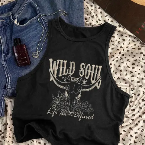 Women's Wild Soul Print Tank Top, Casual Tank Tops, Casual Sleeveless Top for Summer, Casual Sleeveless Fitted, Ladies Clothes for Daily Wear, Socks