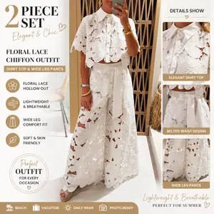 2 Piece Outfits For Women Lapel Hollow Out Lace Vest Pants Set Floral Sleeveless Cropped Vest And Wide Leg Pants
