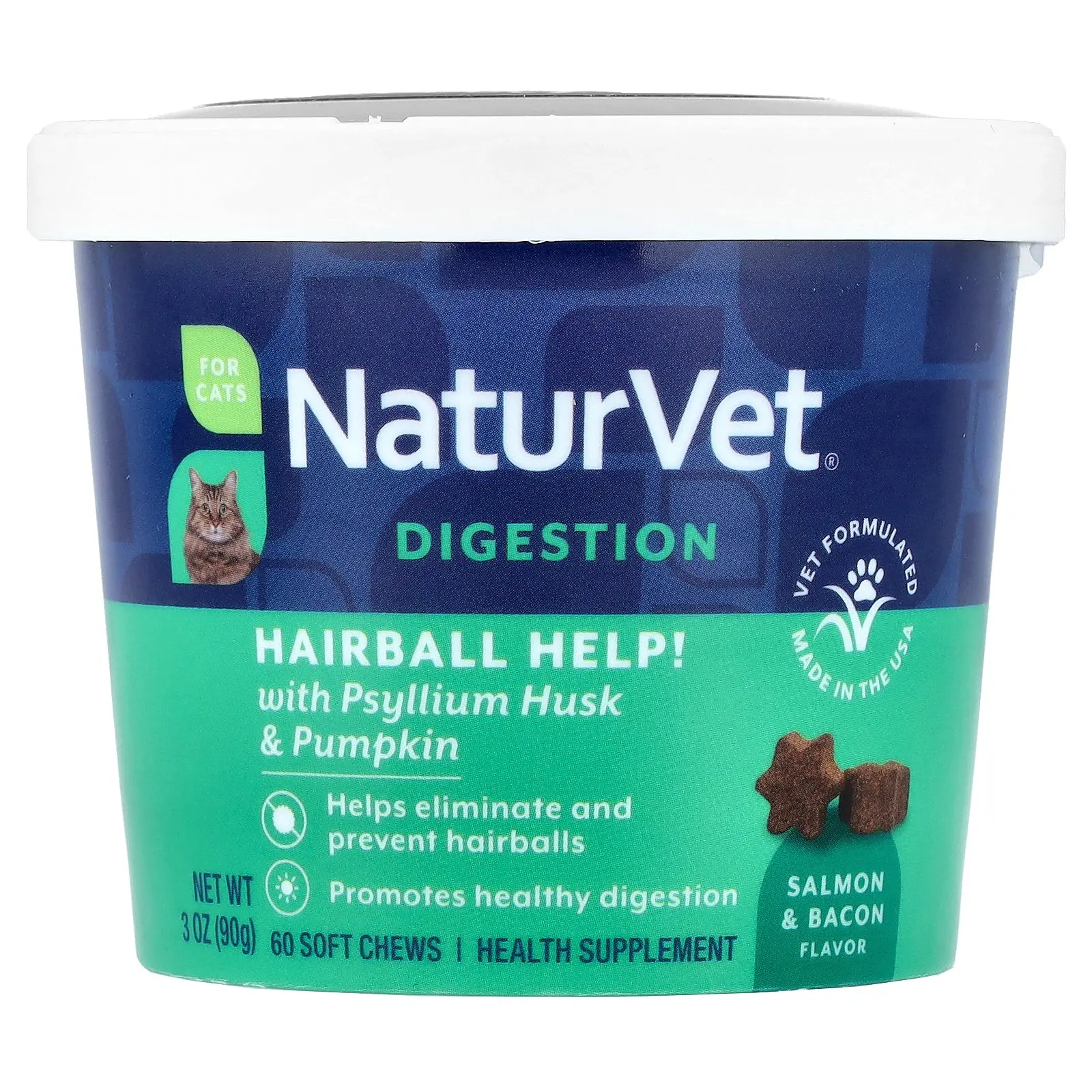 NaturVet Digestion, Hairball Helps with Psyllium Husk & Pumpkin, For Cats, Salmon & Bacon, 60 Soft Chews, 3 oz (90 g)