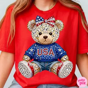 USA Teddy Bear 4th of July T-Shirt Patriotic Rhinestone American Flag Bow T-Shirt Design