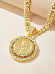 Rotatable Round Medal Pendant Necklace, 13mm Cuban Chain Hip Hop Fashion Jewelry, Stylish and Charming Accessory, Cuban Link Necklace