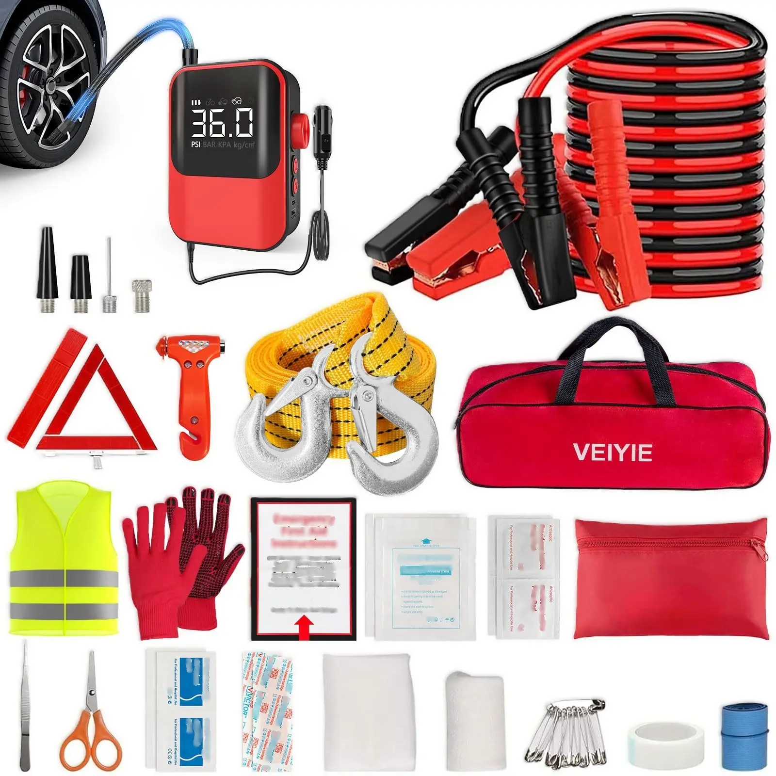 【summerfinds】Roadside car kit,Car first - aid kit,With portable air compressor,Heavy - duty jumper cable,Tow strap,Essential car safety kit for road trips,Gift for new drivers