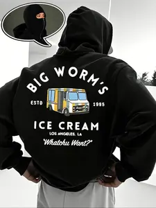 Men's Fall Winter Street Style Hooded Sweatshirt Jacket, Loose-Fit Half-Zipper Design, Big Worm's Letter Print, Trendy Fashion Outerwear