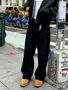 Men's Loose Straight Leg Jeans, High Street Style Y2K Vintage Wide Leg Casual Ripped Denim Jeans, All Seasons, Minimalist Fit, Elastic Waist