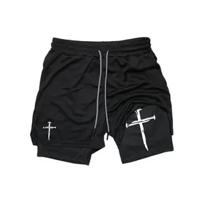 Men's Cross Print Drawstring Waist 2 in 1 Sports Shorts, Regular Fit Sporty Breathable Quick Drying Pocket Shorts, Gym Shorts, Summer Sports Bottoms for Gym Workout Running, Gym Clothing