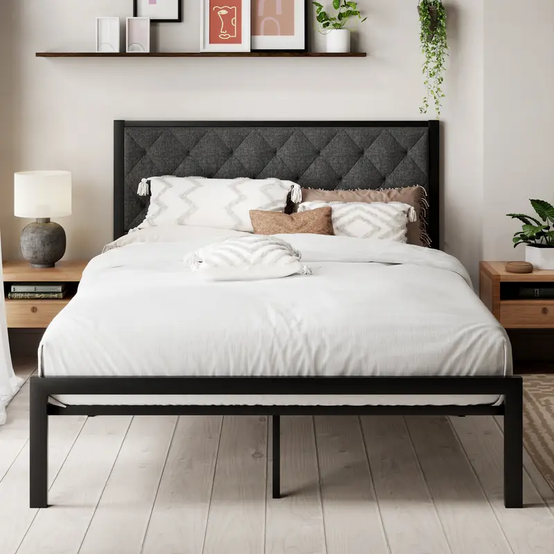 MUTICOR Twin/Full/Queen/King Size Bed Frame with Upholstered Headboard, 【Frame Only No Mattress】Platform Bed Frame with Metal Slats, Button Tufted Diamond Stitched Headboard, Noise Free, No Box Spring Needed