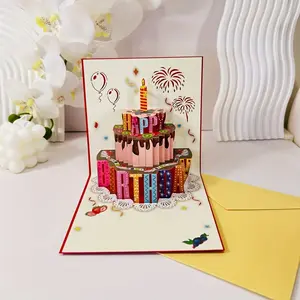 3D chocolate cake birthday card - cartoon design, English text, suitable for everyone