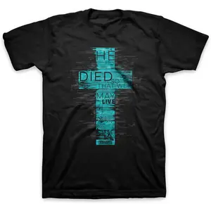 Boys' Casual Round Neck Short-Sleeve T-Shirt, New Black Religious Graphic Top with Distressed Cross & 'HE DIED SO THAT WE MAY LIVE' Inspirational Grunge-Style Faith-Based Design