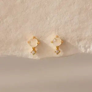 Moonstone Orbit Studs by Caitlyn Minimalist - Dainty Moonstone & Diamond Drop Stud Earrings - Cubic Zirconia Gemstone Jewelry - Bridesmaid Gift