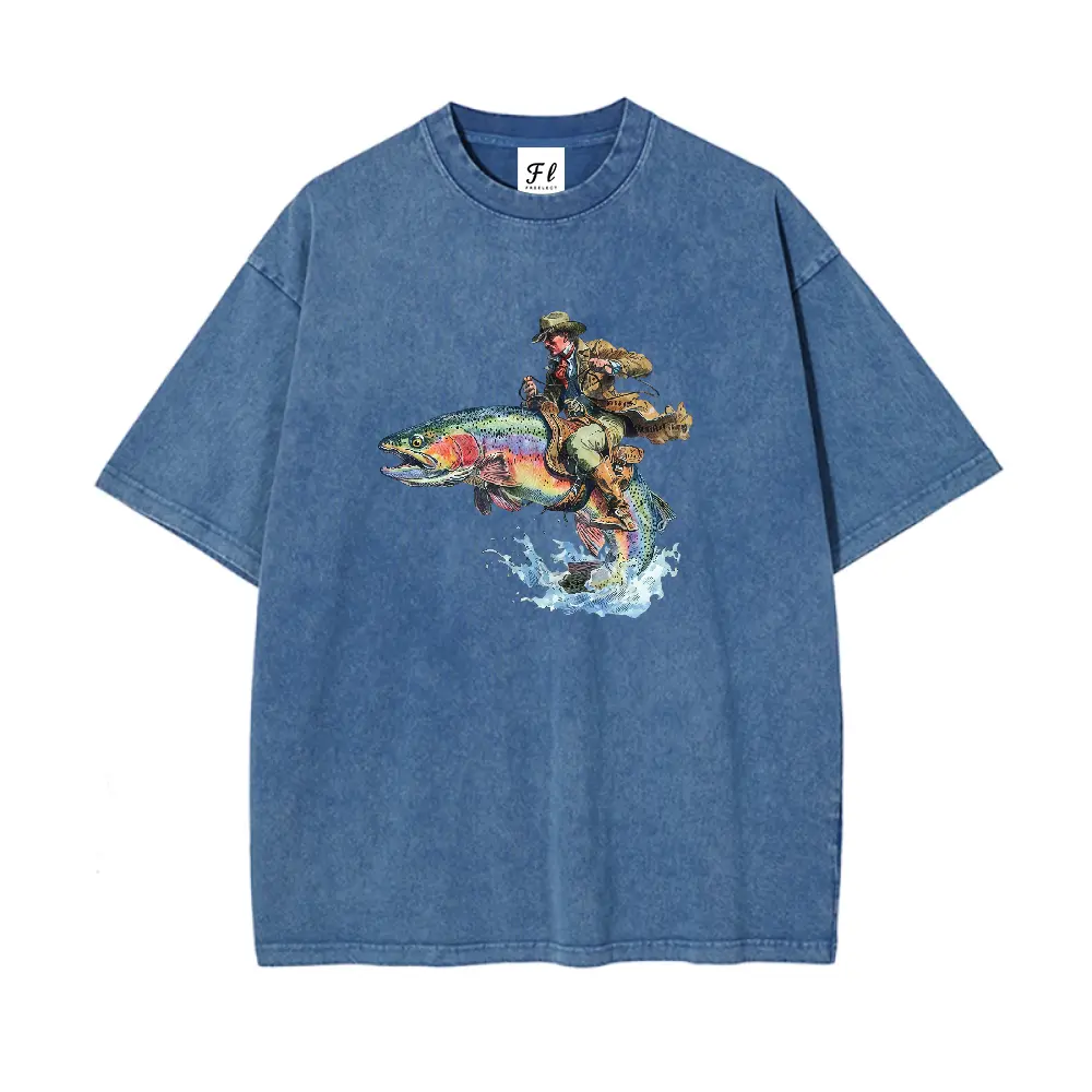 Comfort Colors Vintage Cowboy Riding Trout T-shirt Western Fishing Retro Tshirt DTG Process Unisex Loose-Fitting T-shirt, Washed Casual Top (100% Cotton, 280g), Smooth Fabric, Minimalist Style, Street Style, Classic T-shirt, Makes a Great Gift.