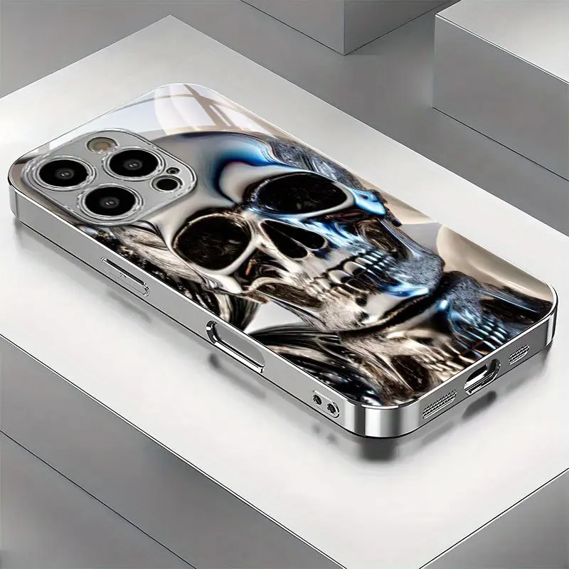 New Plated Silver Skull Phone Case with a Luxurious, Textured Finish and Reflective Effect-Compatible with iPhone 17/16/15/14/13/12/11, Samsung A Series, and S Series; Tempered Glass Protective Case; Creative Couple's Design for Men and Women