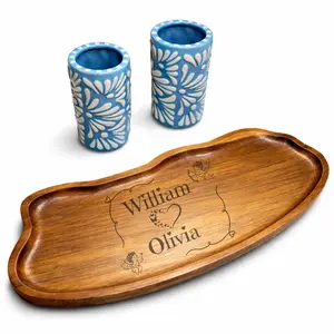 Personalized Serving Board with Talavera Style Ceramic Shot Cups – Custom Engraved Gift Set for Couples, Wedding, Anniversary