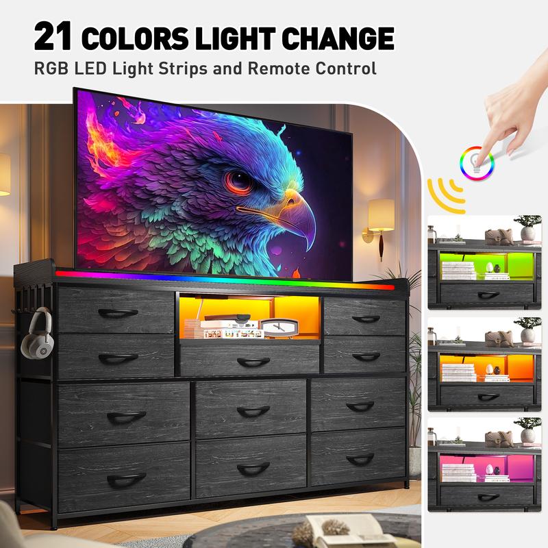 【Holiday Haul】Raybee 11 Drawer Smart LED Dresser, with Charging Station, Power Outlets, LED Lights & Shelves, Modern Storage Cabinet for Bedroom/Hallway, TV Stand for 32-55 inch TVs, Easy 10-min Assembly, Includes 4 Hooks