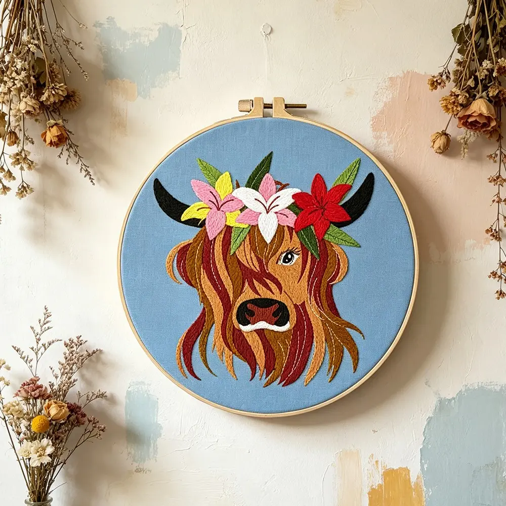 Highland Cow Themed DIY Embroidery Kit, Beginner-Friendly Sewing Art Set, Creative Home Decor, Perfect Gift for Craft Enthusiasts