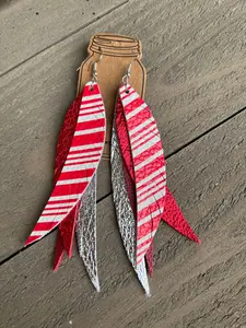 Candy Cane Holiday Stacked Fringe Feather Earrings